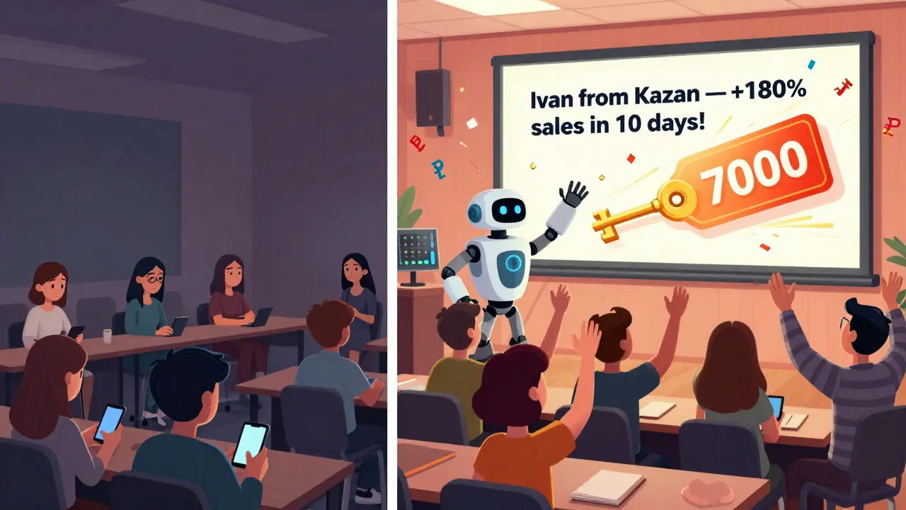 Слева — скучная онлайн-конференция, справа — ожившая с кейсом Ивана, победа и золотой ключ от продаж.