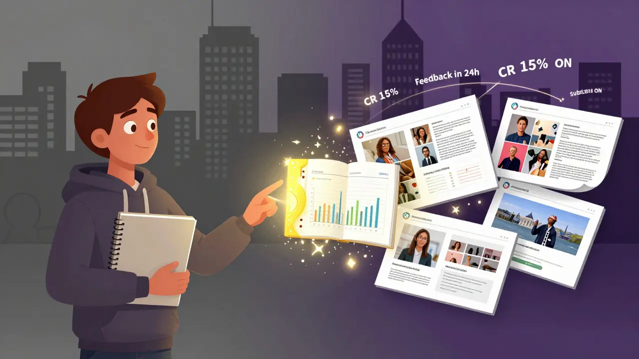 Студент превращает пустую тетрадь в портфолио реальных работ под влиянием курса, вокруг него светятся метрики.