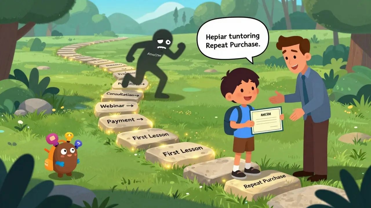 Светящийся путь клиента от вебинара до повторной покупки, с ИИ-ассистентом, предлагающим курс.