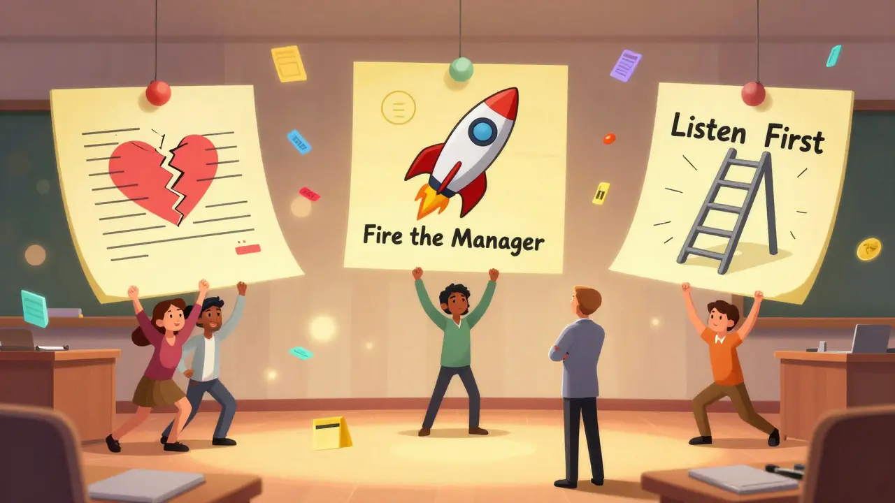 Три группы студентов представляют разные решения кейса на летающих заметках.