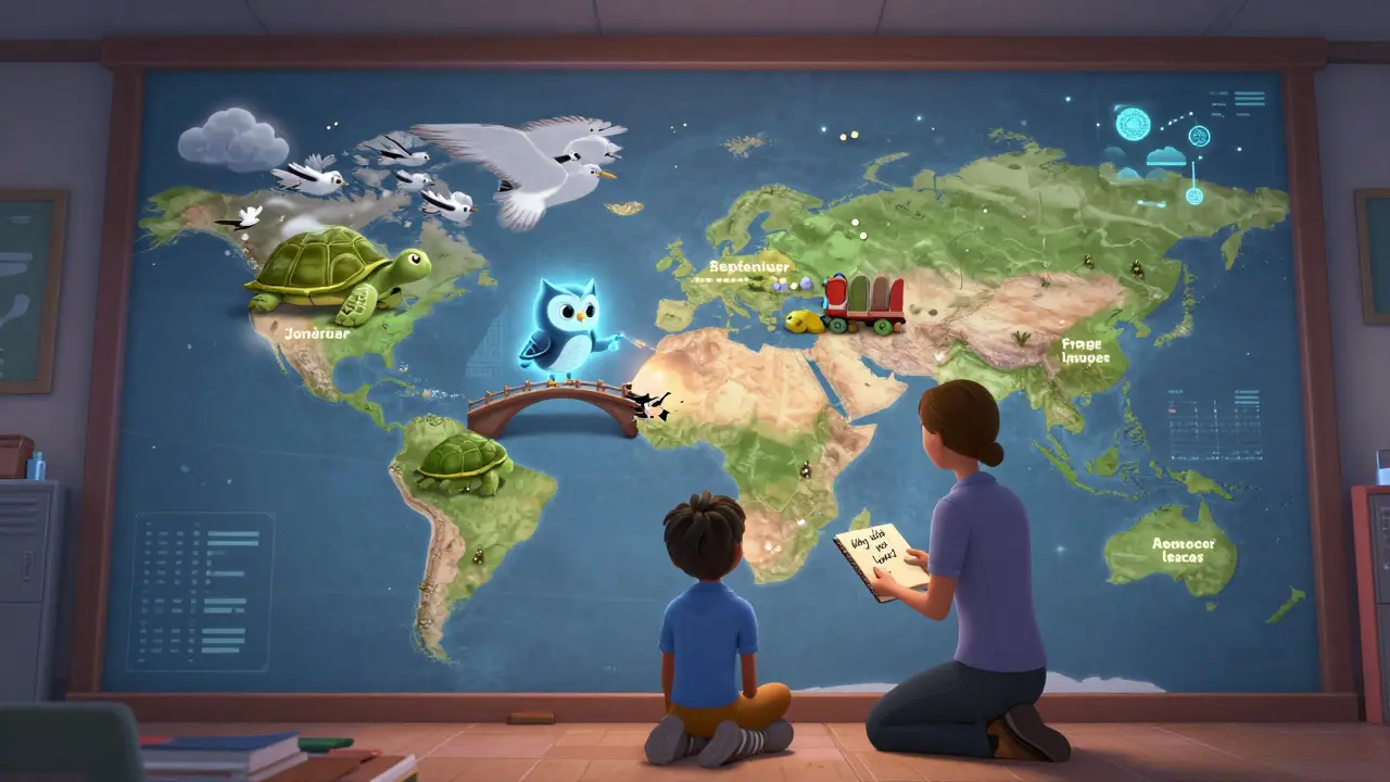 Учитель помогает ученику, который бросил курс, рядом с живой картой ученических маршрутов, где каждая когорта — уникальное существо.