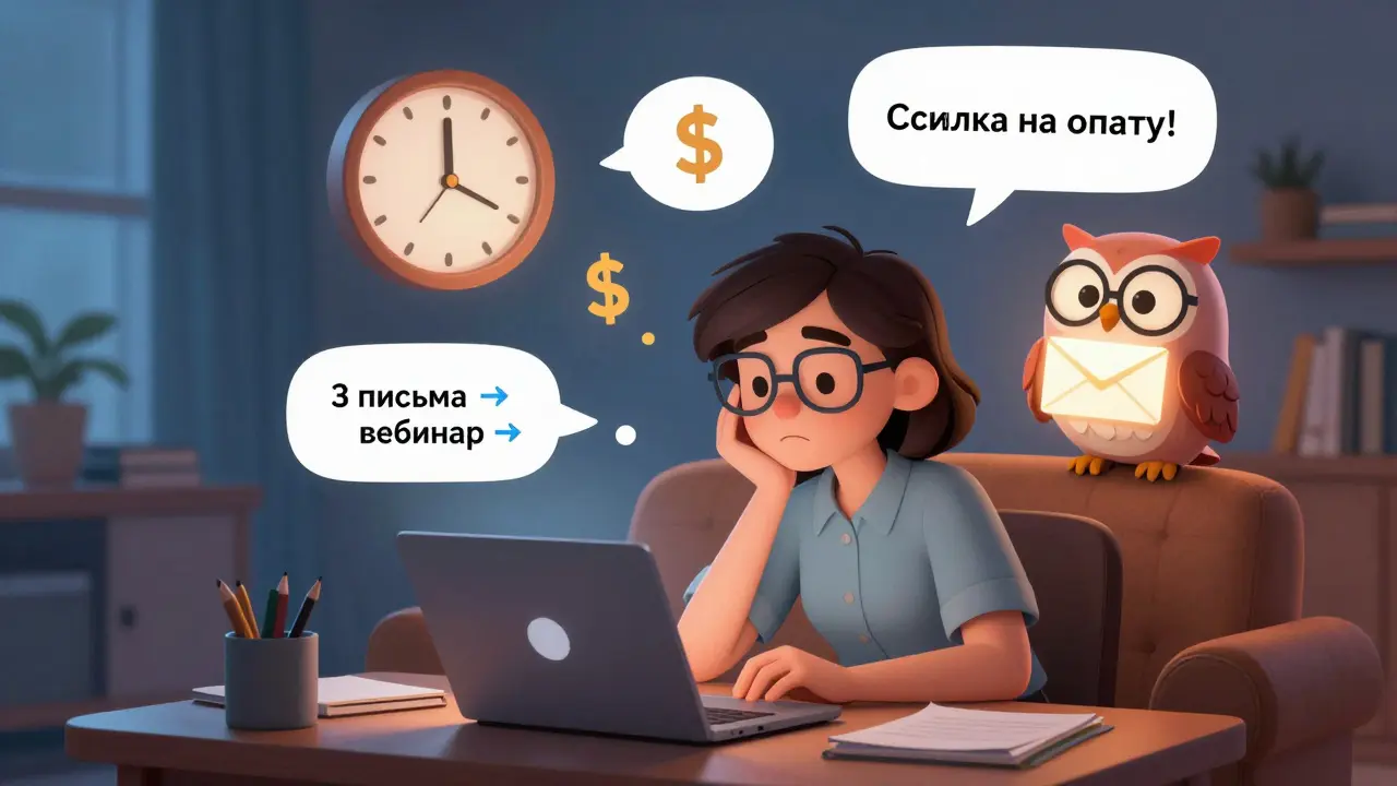 Учитель за ноутбуком, вокруг — мысли о времени, деньгах и сообщении в Telegram.