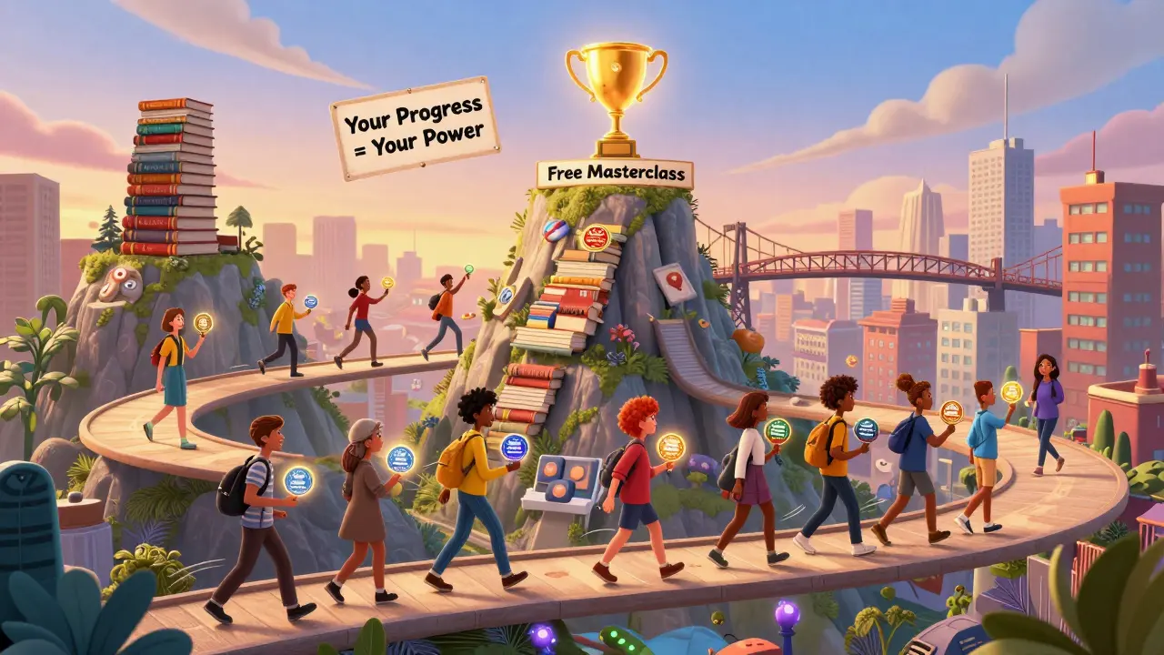 7-дневный учебный челлендж как путь через сказочный город, где ученики получают значки и награды в стиле DreamWorks.