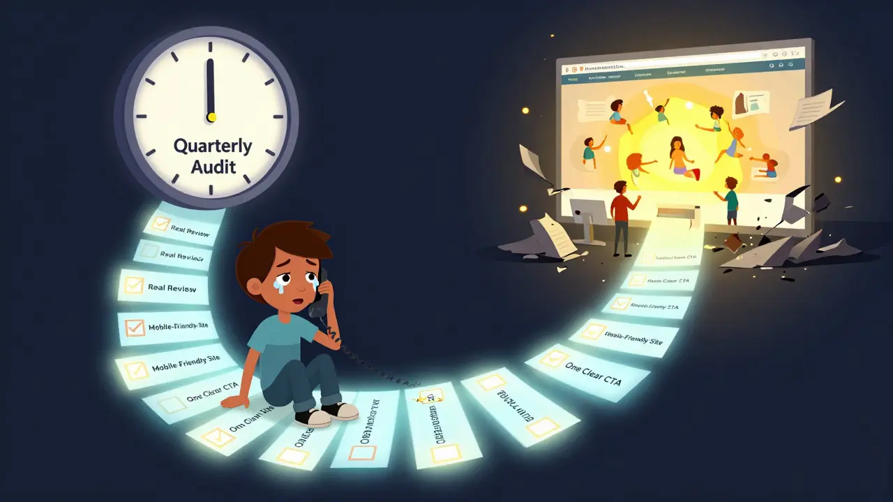 A student following a glowing trail of 100 marketing checklist items that lead from a broken website to a thriving school.