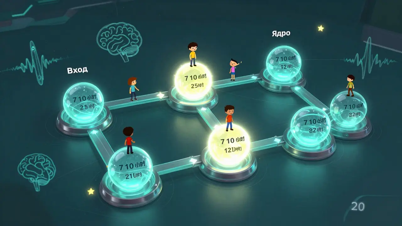 Адаптивный обучающий курс с 8 модулями, разделёнными на вход, ядро и выход.