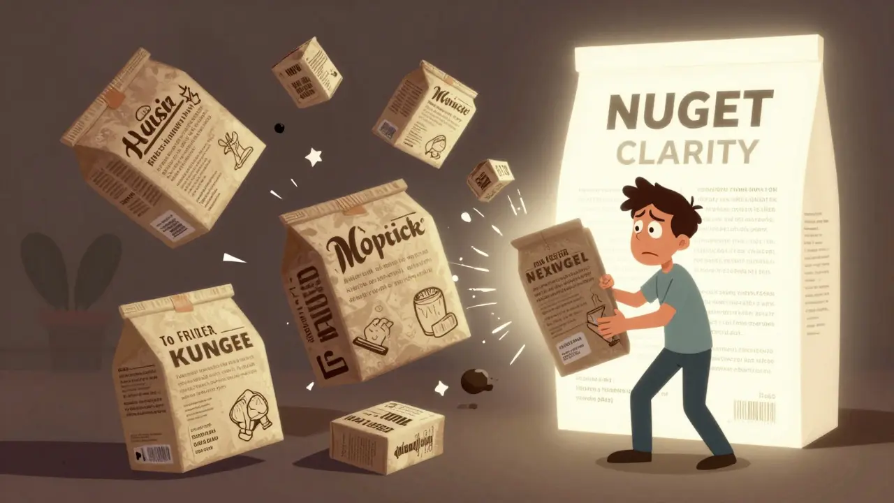 Беспорядочная упаковка с множеством шрифтов и логотипов, покупатель смотрит в сторону чистого дизайна.