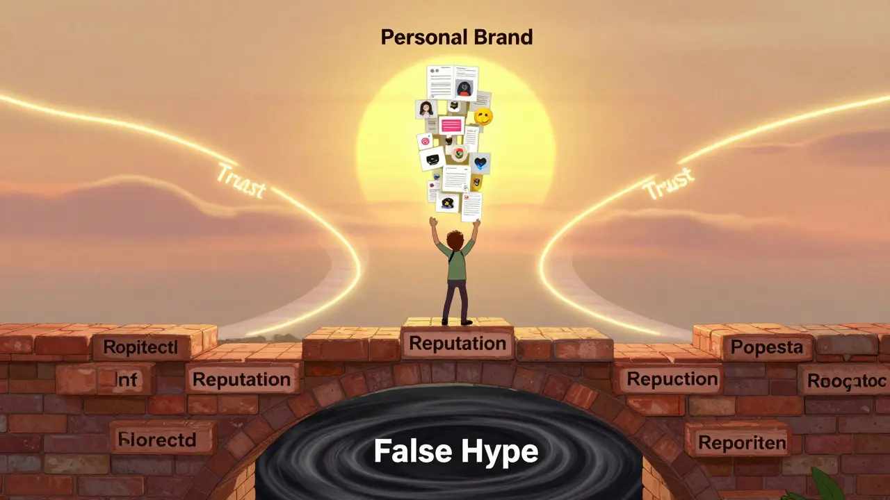 Человек строит мост из репутации и башню из бренда, сияющий путь ведет к доверию.