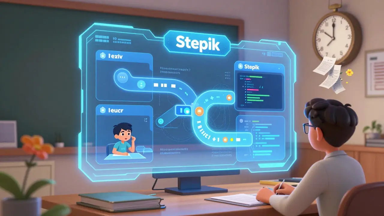 Цифровая панель анализа успеваемости учеников с персонализированными учебными путями, над столом учителя.