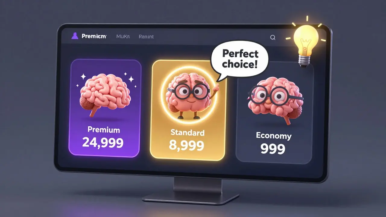 Цифровая панель с тремя уровнями цен: эконом, стандарт и премиум — мозг указывает на средний вариант как на лучший выбор.