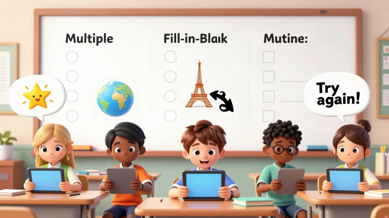 Дети в классе отвечают на вопросы на планшетах, над их головами — анимированные подсказки и обратная связь.