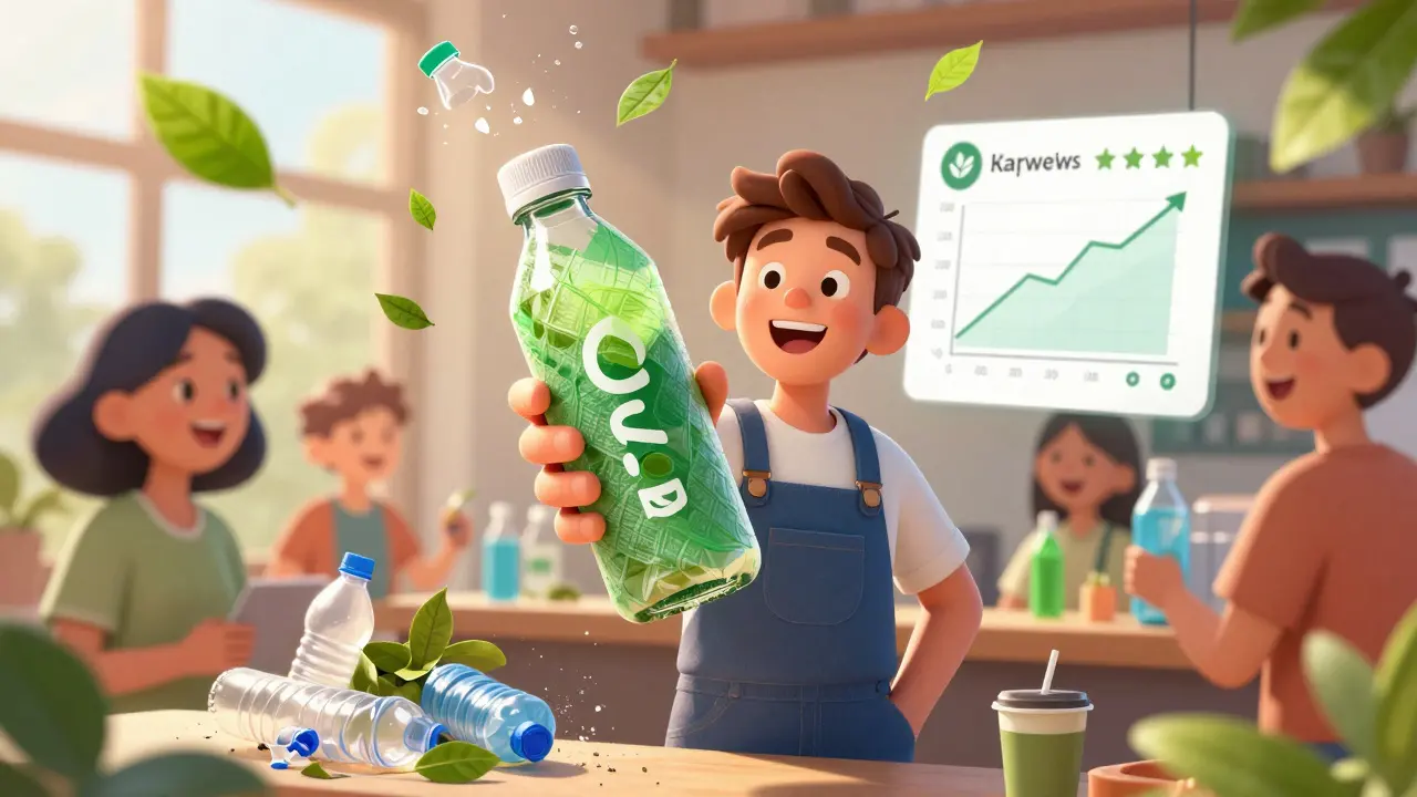 Экологичная стеклянная бутылка с refill-упаковкой, клиенты улыбаются, вокруг листья и рост продаж.