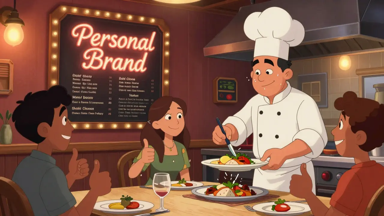 Фантастический ресторан: яркое меню и кухня, где повар готовит идеальную еду для довольных клиентов.