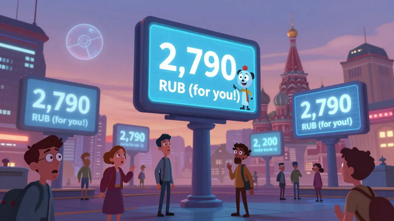 Город с персонализированными цифровыми ценами, отображаемыми над прохожими через интеллектуальный ИИ.