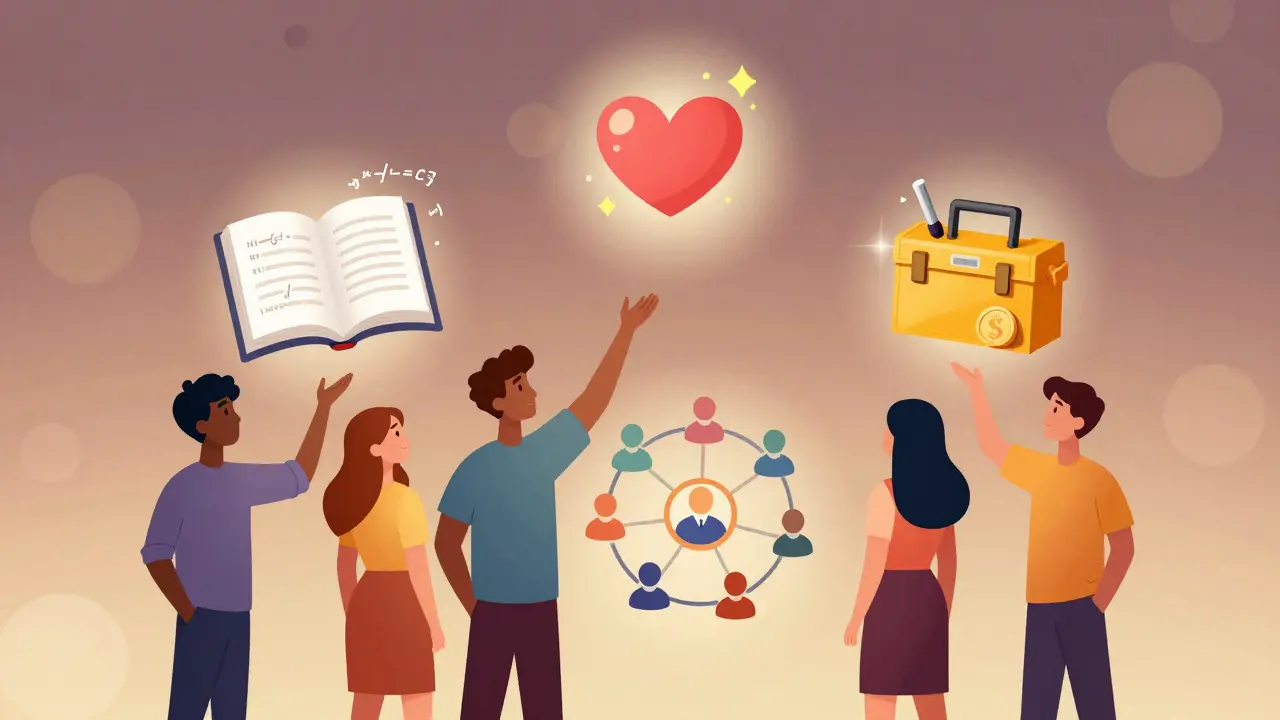 Группа людей взаимодействует с иконками компонентов личного бренда