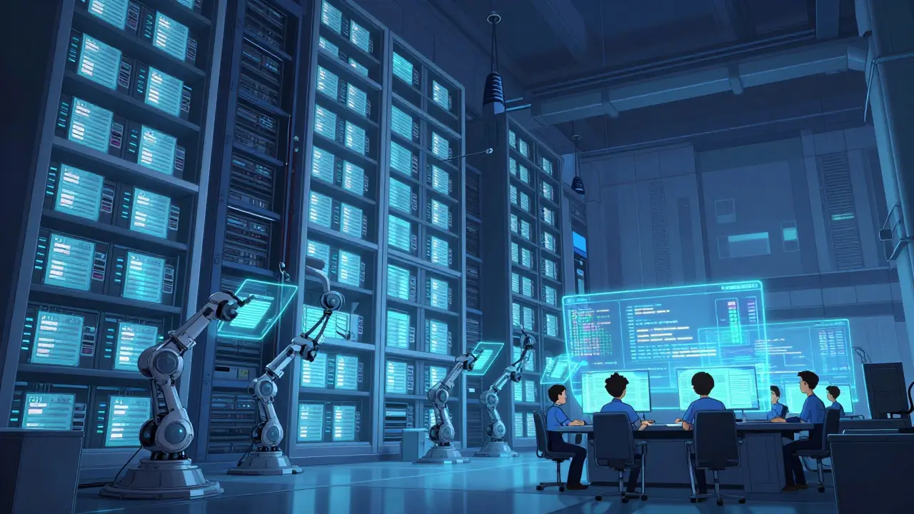 IT-специалисты управляют огромной системой Confluence с автоматическим восстановлением данных в футуристическом зале.