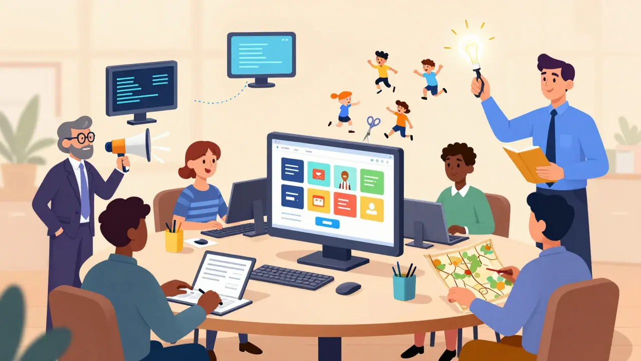 Команда экспертов собирает онлайн-школу вместе с преподавателем, который смотрит в восторге.