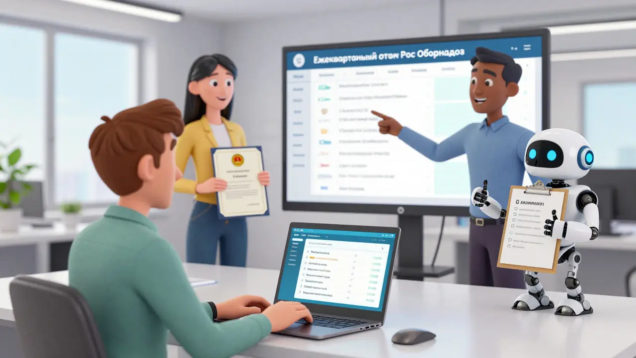 Команда работает в офисе, создавая образовательную программу и заполняя отчеты для Рособрнадзора в современной обстановке.