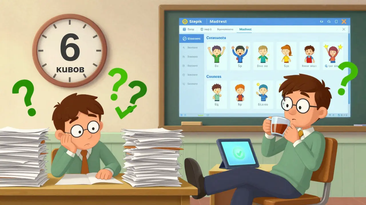 Контраст между учителем, уставшим от бумажек, и тем же учителем, спокойно наблюдающим за цифровыми тестами.