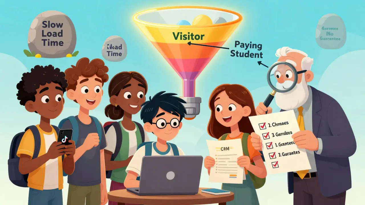 Мудрый наставник ведет студентов через воронку превращения посетителей в платящих учеников, преодолевая препятствия.