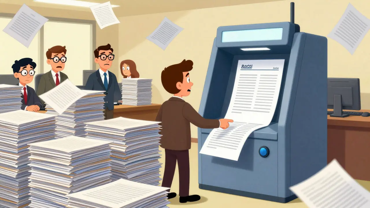 Офис с горами персональных договоров рядом с автоматизированной кассой для массовых покупок.