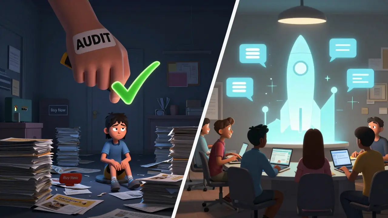 Разделённая сцена: слева — хаос маркетинга, справа — упорядоченная система с растущей воронкой продаж.