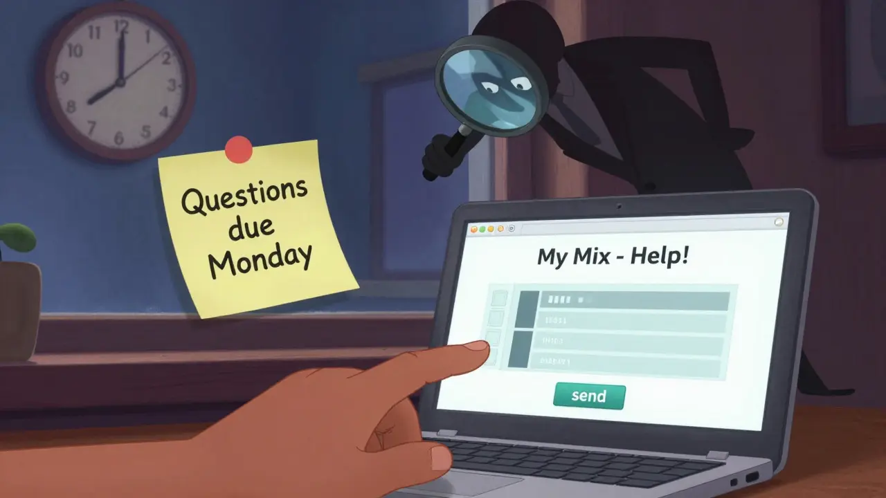 Рука нажимает кнопку отправки аудиофайла с вопросом, часы показывают 18:00, рядом заметка 'Вопросы до понедельника'.