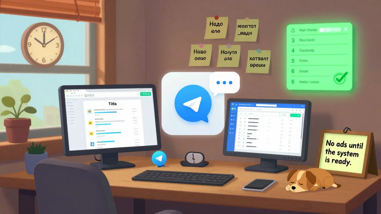 Создатель работает в офисе с инструментами: сайт Tilda, Telegram-бот и email-рассылка, на стене — готовые шаблоны рекламы.