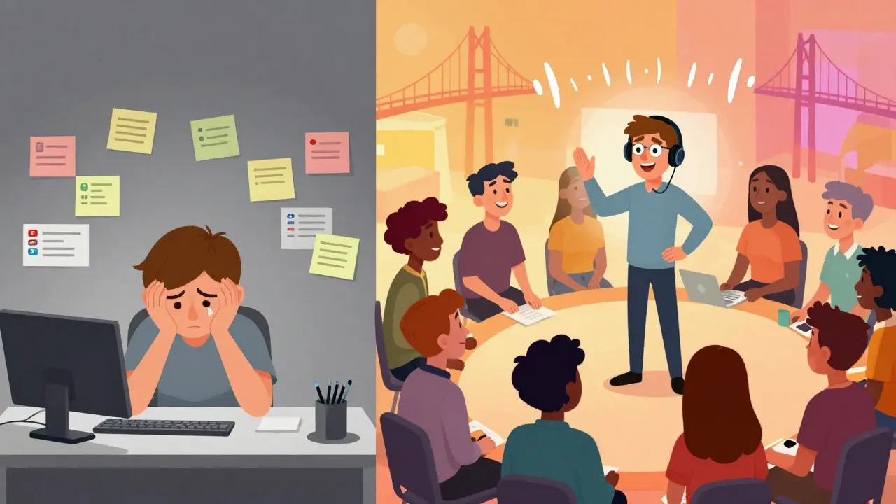 Сравнение: одинокий человек в сером и тот же человек в кругу смеющихся участников на живой встрече с экспертом.