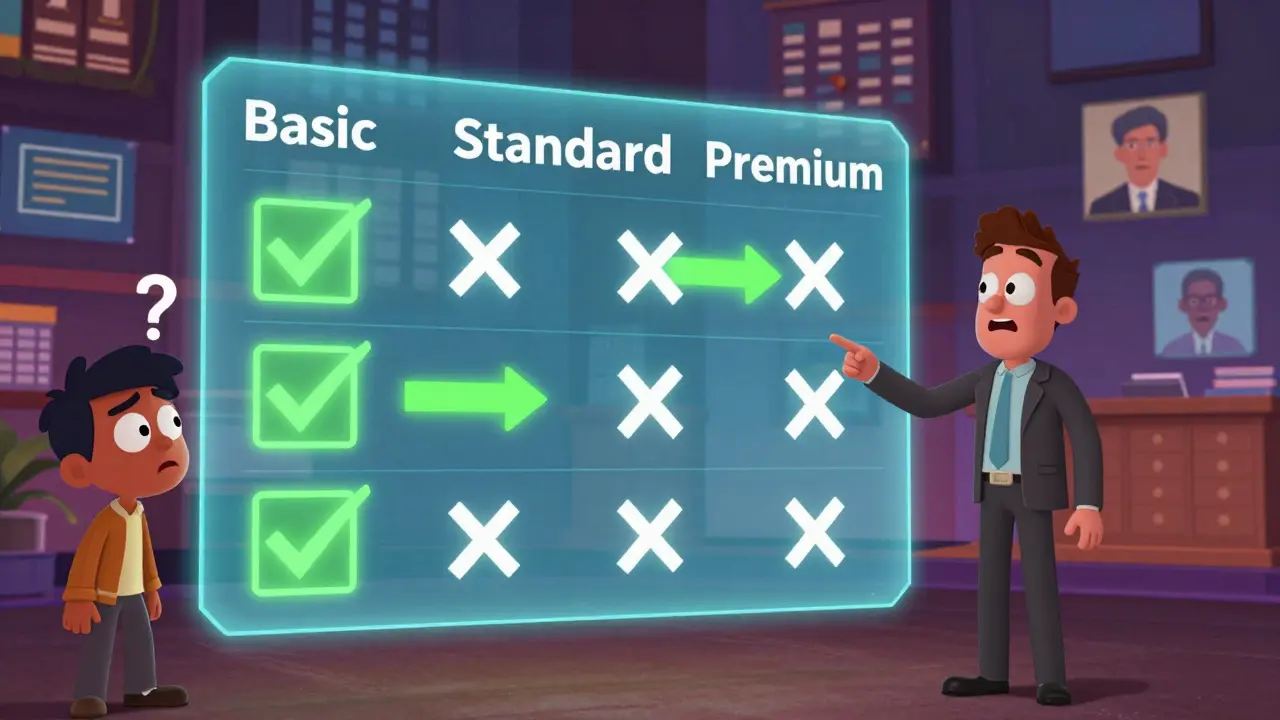 Сравнительная таблица с тремя тарифами и glowing-стрелками, показывающая преимущества.