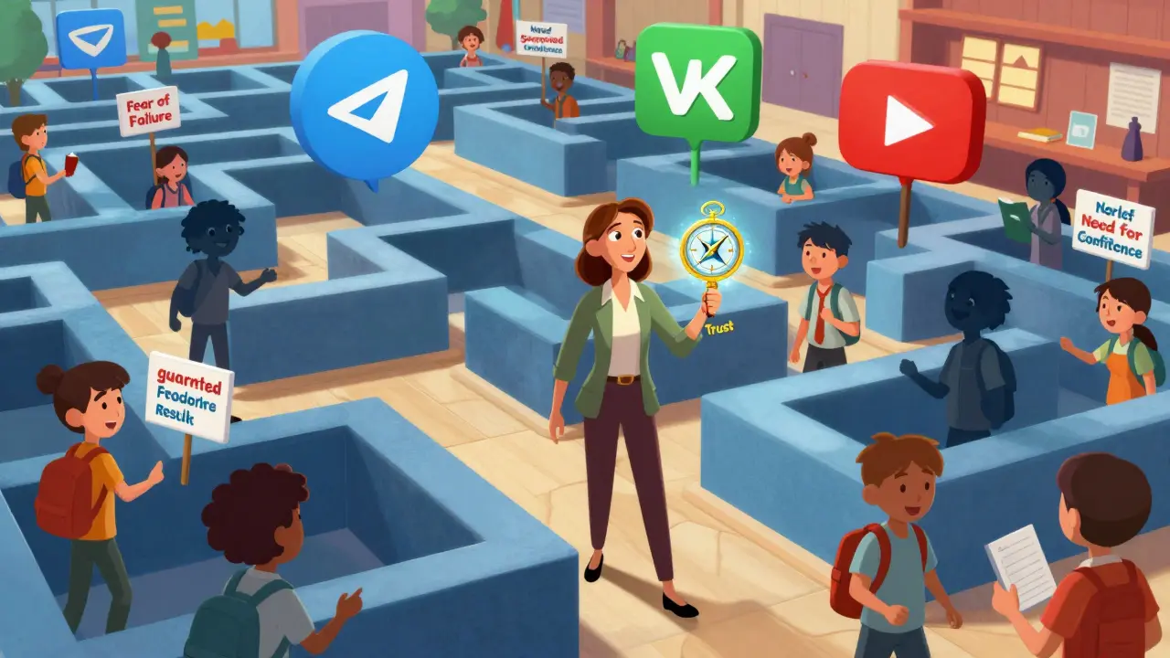 Students walking through digital channels labeled with emotional triggers, guided by a teacher holding a 'Trust' compass.