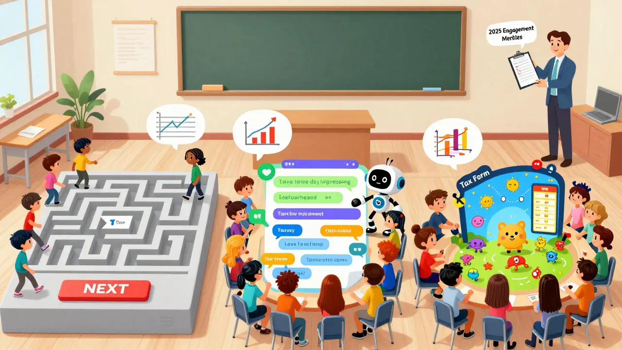 Студенты в классе разделились на три группы, проходящие разные типы опросов: в стиле мультфильма DreamWorks.