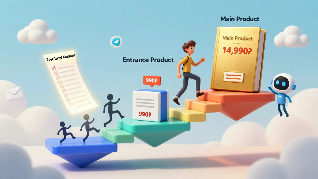 Трёхуровневая лестница продаж: бесплатный лид-магнит, входной продукт и основной курс, клиент поднимается вверх.