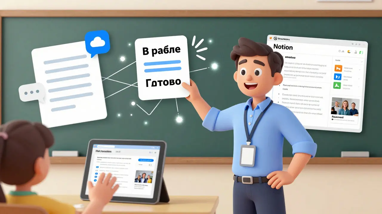 Учитель перетаскивает карточку в Trello, отправляет файл в Slack и открывает шаблон в Notion — все инструменты связаны световыми нитями.