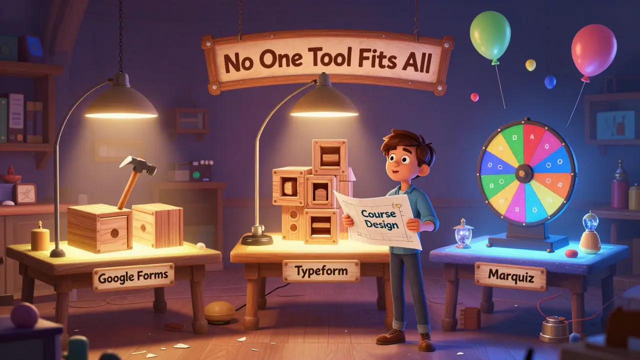 В мастерской три инструмента для создания форм: Google Forms как молоток, Typeform как точный инструмент, Marquiz как машина для создания воздушных шаров.