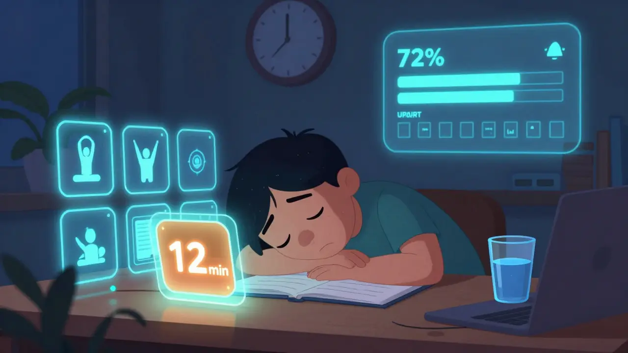 Взрослый ученик перед экраном с модулями по 12 минут, один активен, другие отключены.