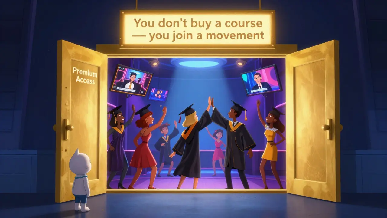 Закрытый клуб выпускников с праздничной атмосферой, один наблюдатель снаружи.