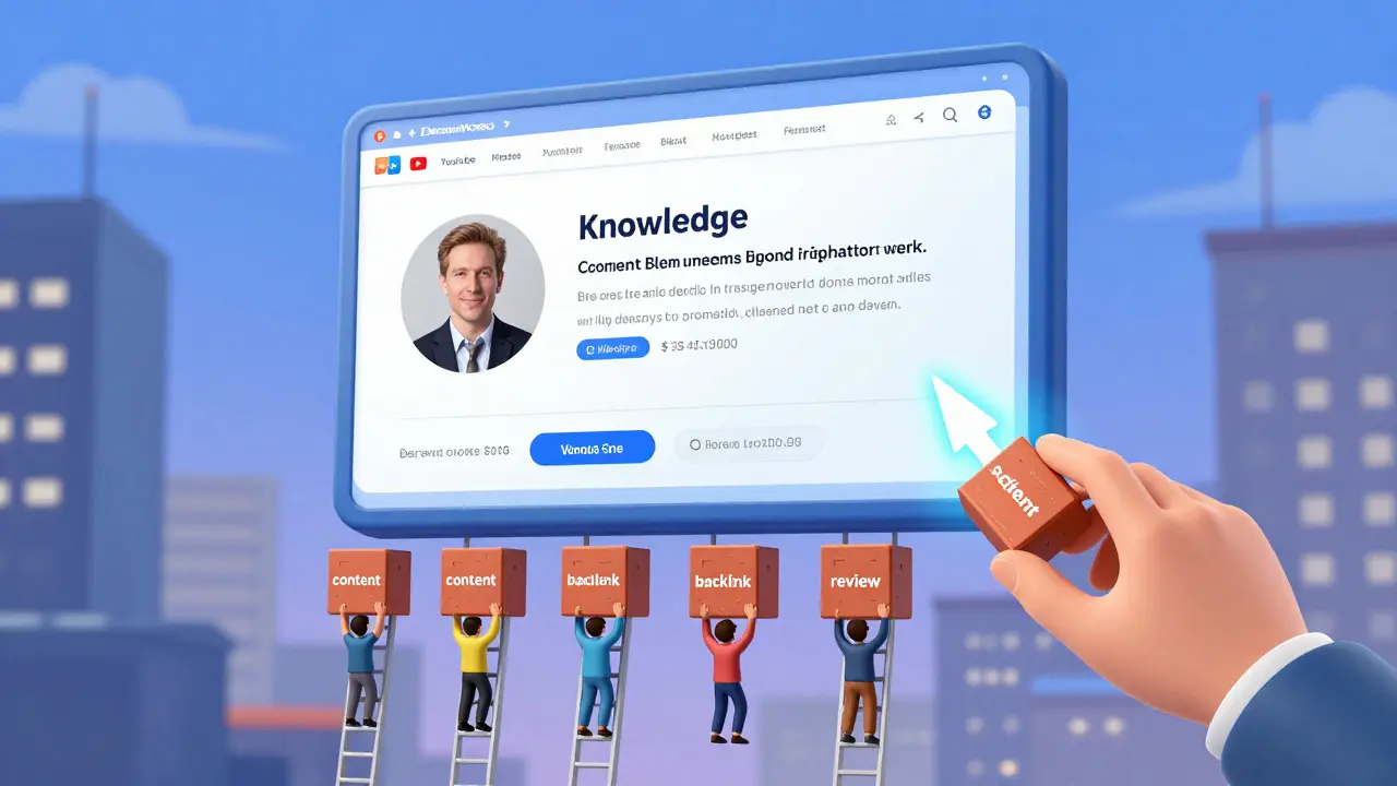 Цифровая панель знаний с фото эксперта формируется из отзывов, статей и ссылок, поднимаемых вверх как кирпичи.