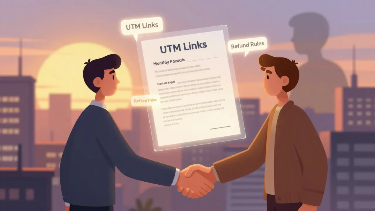 Два партнёра пожимают руки, а вокруг них парят условия договора — честность, прозрачность и доверие.