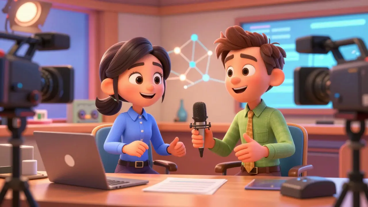 Два персонажа снимают видео в студии в стиле мультфильма.