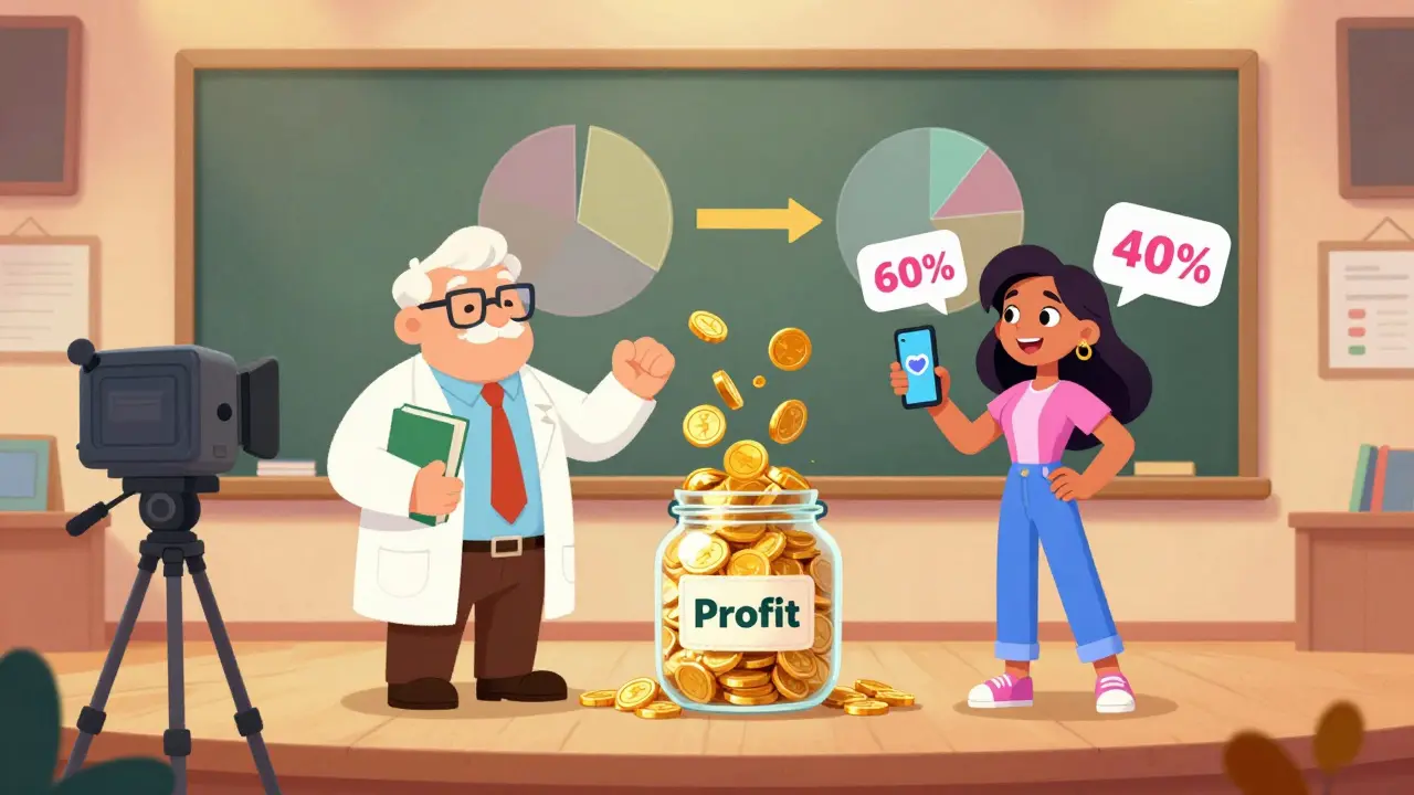 Эксперт и блогер стоят рядом, из общей копилки сыплются монеты, разделённые на доли продаж и маркетинга.