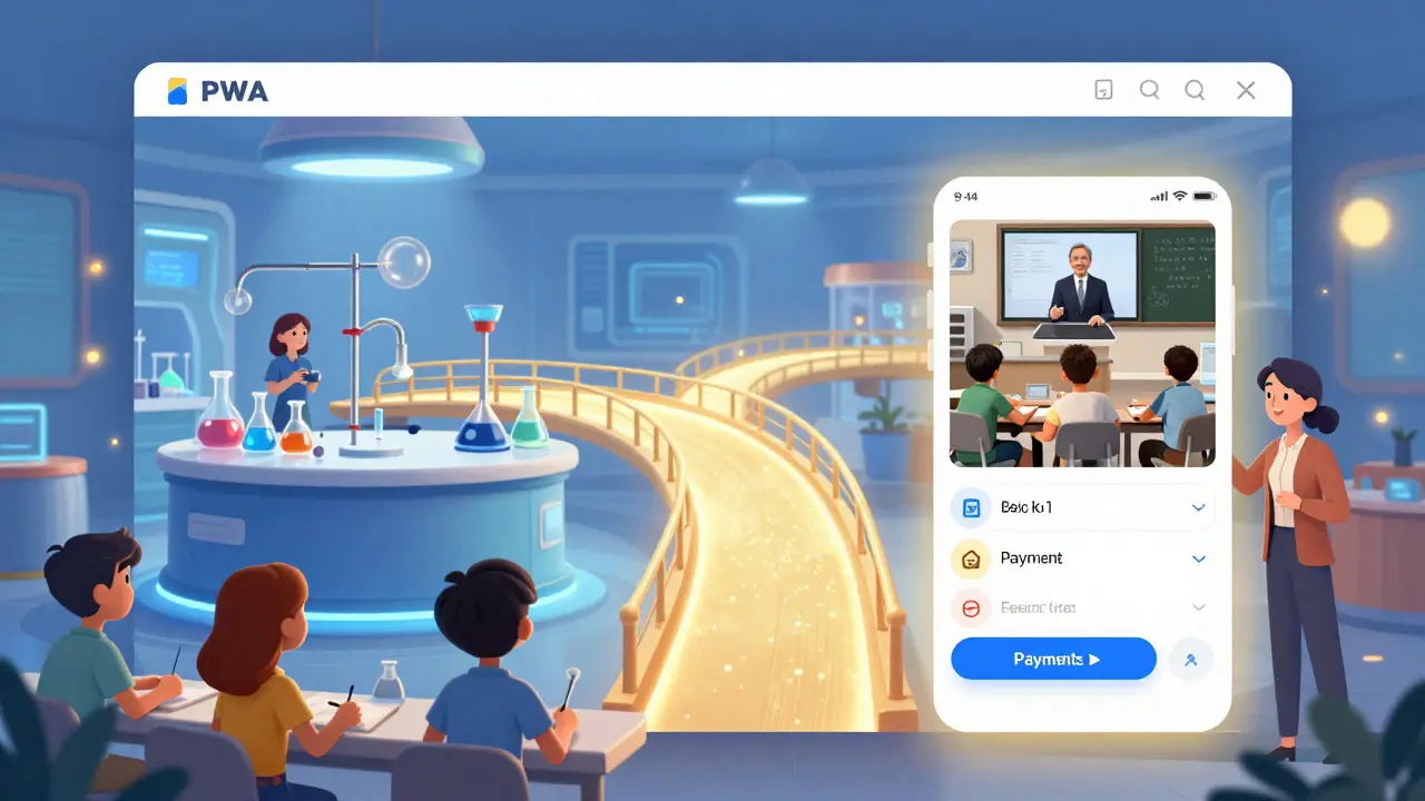 Гибридный подход: PWA переходит в нативное приложение с AR-уроками и оплатой.