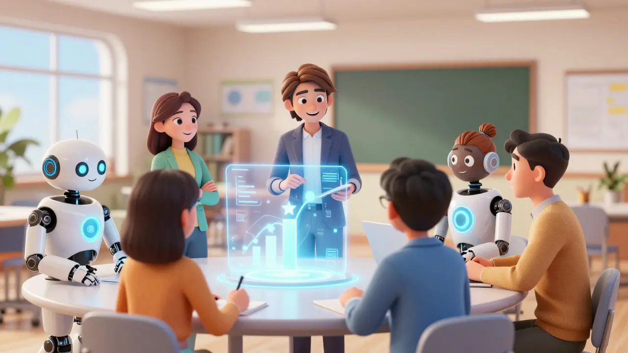 Группа людей и роботы используют технологии в классе