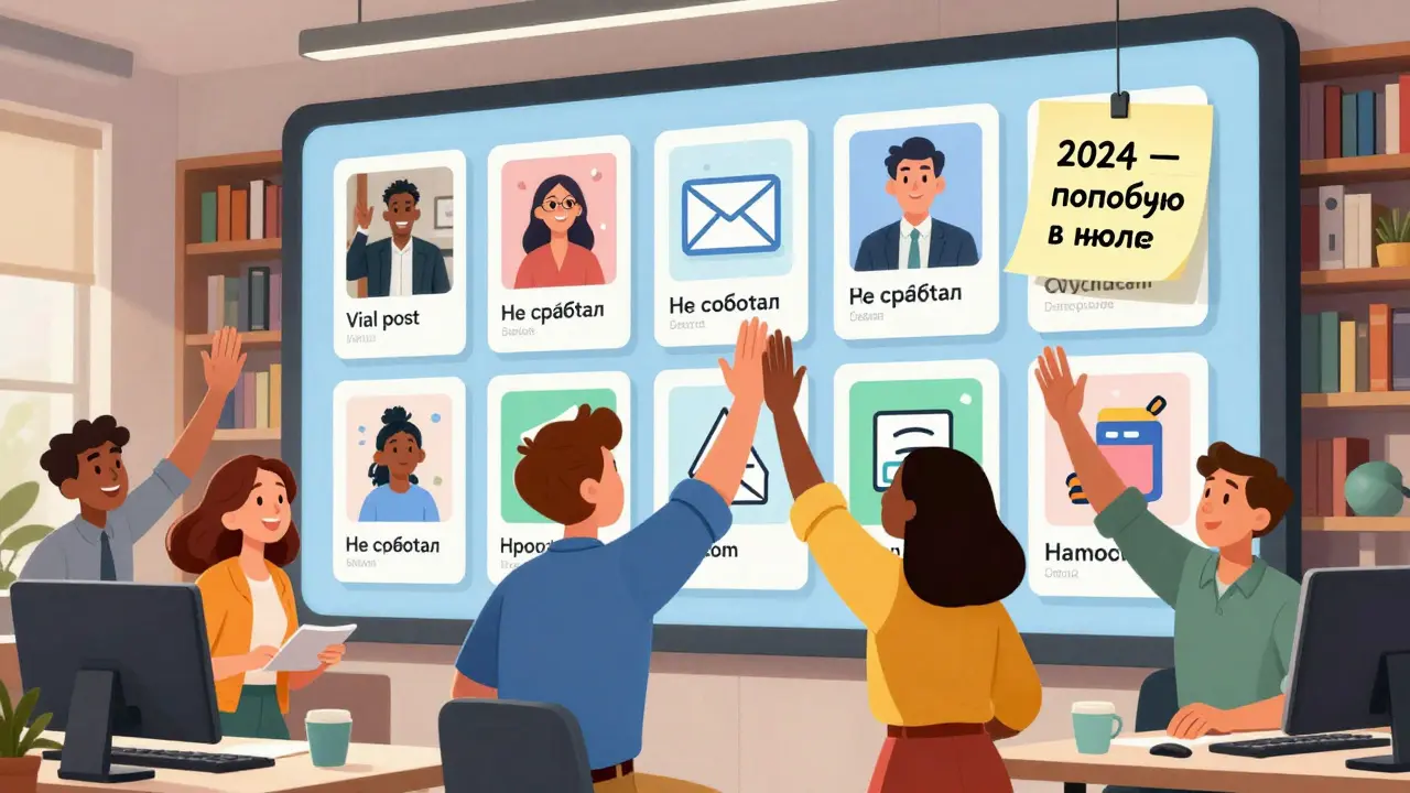 Команда креативщиков празднует вокруг цифровой стены с живыми примерами успешного контента.