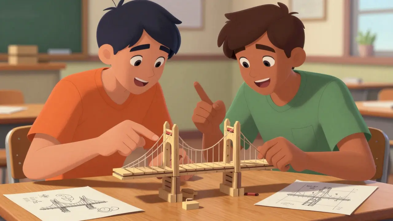 Команда школьников совместно работает над проектным заданием в школе.