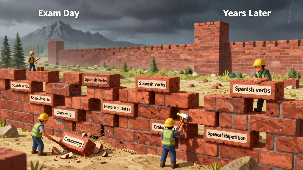 Крошечные рабочие строят прочную стену из кирпичей с памятью, в то время как песчаный замок с 'зубрежкой' разрушается.