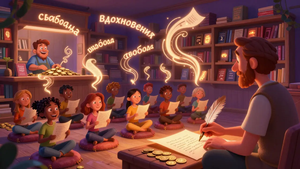 Мастер-класс по написанию стихов в книжном магазине, 12 человек пишут стихи, летящие слова и мягкий свет.