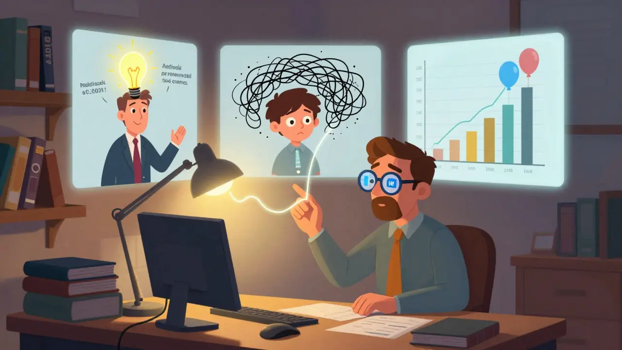 Методист помогает эксперту и студенту понять друг друга, используя светящиеся нити и аналитические данные в уютном кабинете.