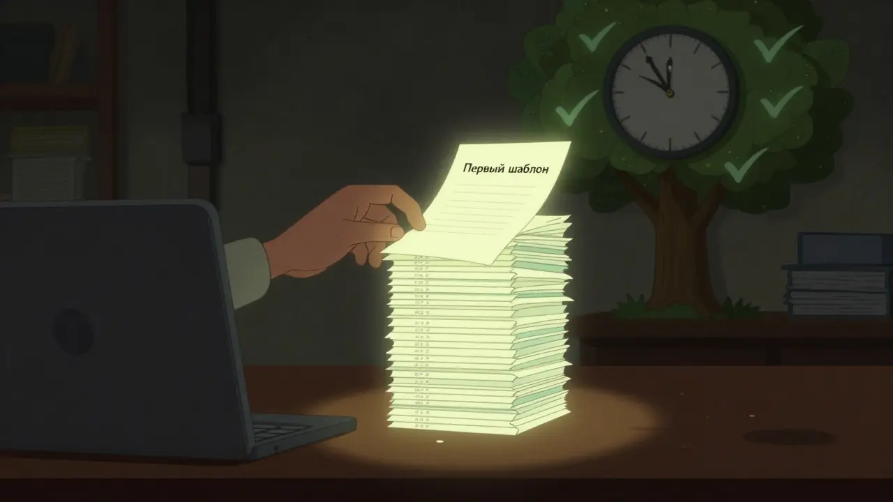 Один шаблон превращается в башню из работающих примеров, символизируя рост продуктивности через повторение.