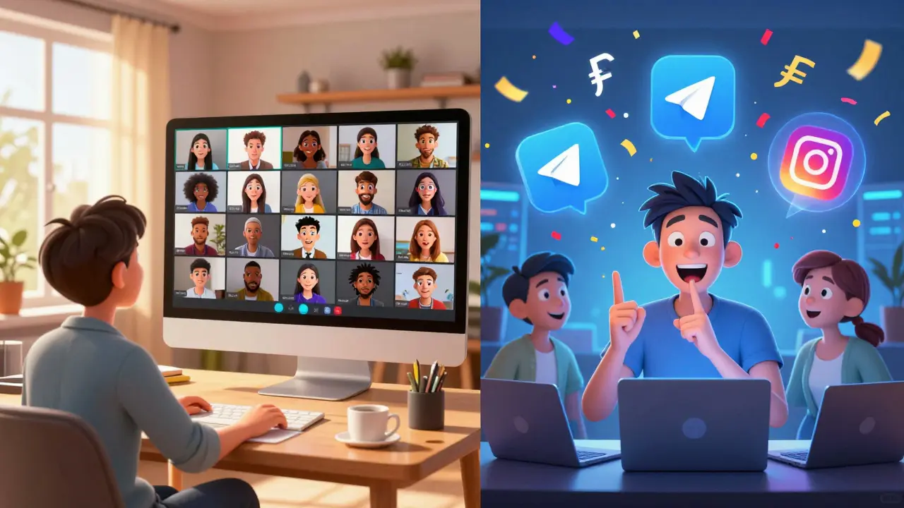 Онлайн-мастер-класс через Zoom с 20 участниками, экраны с лицами, цифровые рубли и иконки Telegram.