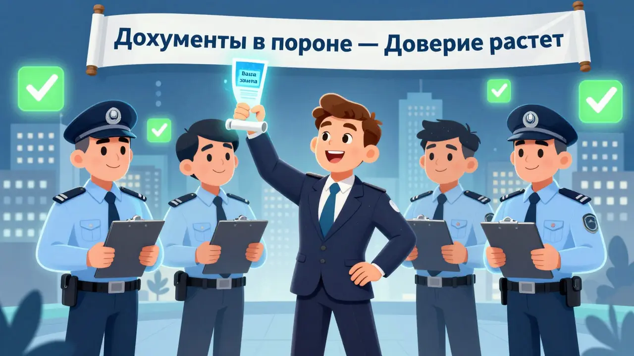 Основатель онлайн-школы показывает документы проверяющим, которые одобряют их, а за спиной — город школ с зелеными галочками.